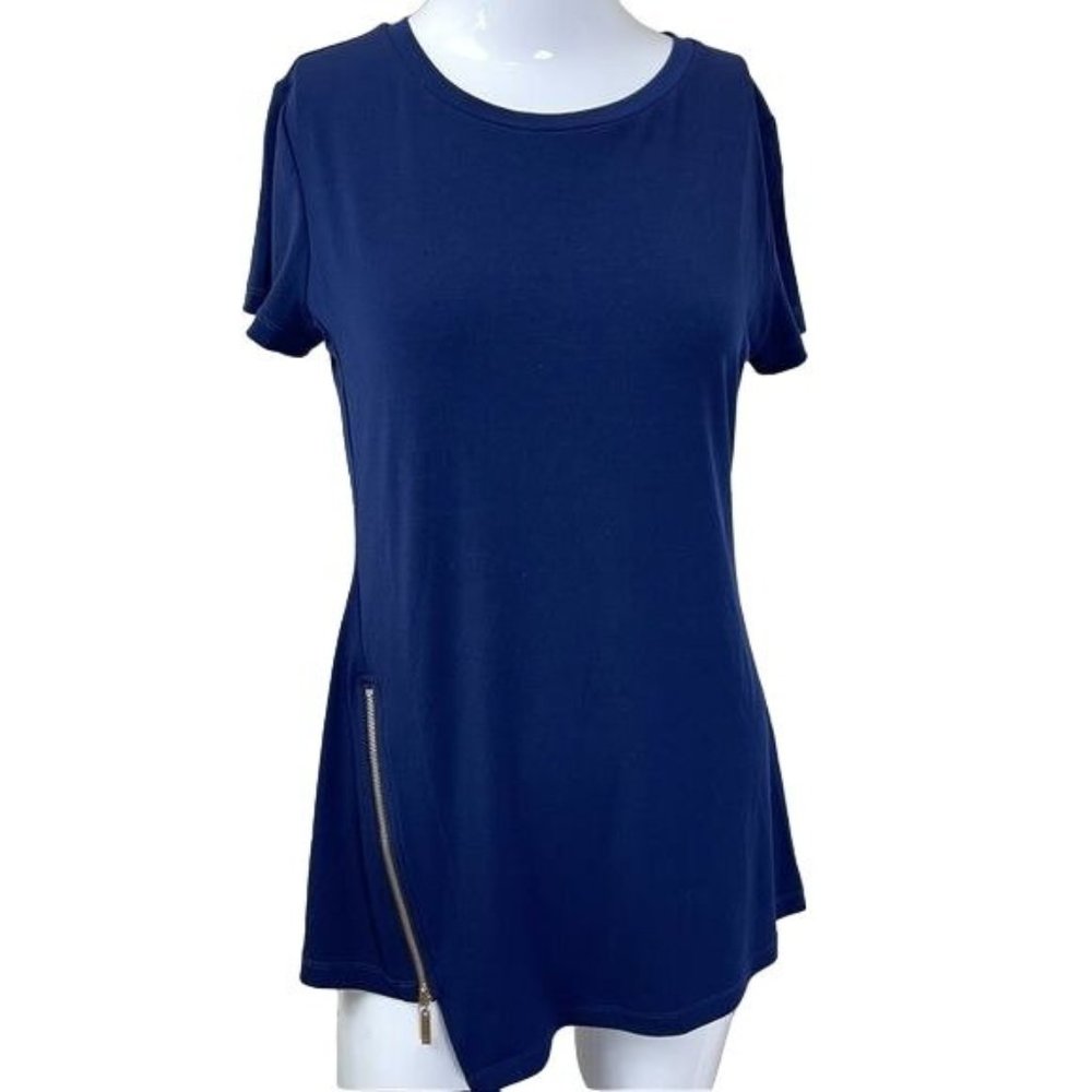 Ivanka Trump Blue Silver Zipper Embellishment Matte Jersey Asymmetrical top Smal